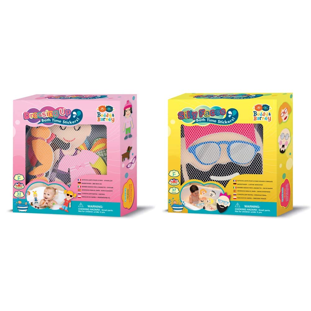 Buddy & BarneyDressing Up Bath Time Stickers Toy 32 Pieces Baby Toddler Girls boy bathtime with Storage Organiser Bag and BB007 Silly Faces Bath Stickers, 24 x 5 x 26 Centimeters