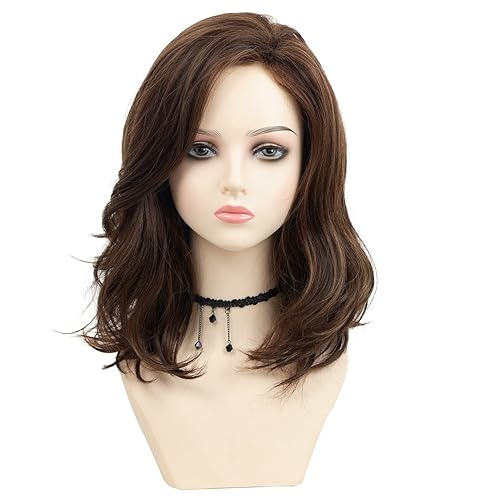 Miniatura 3 de RENERSHOW Pelucas onduladas naturales de color marrón con reflejos rubios para mujeres blancas, peluca sintética de aspecto natural para fiestas
