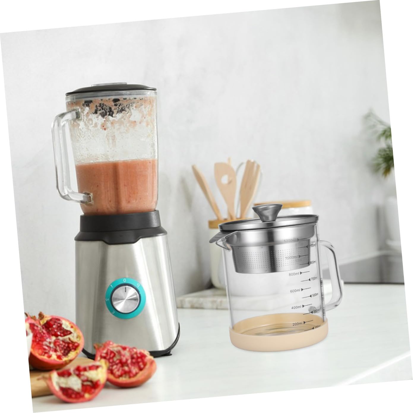 Fettabscheider Multifunktionaler Soßentrenner mit Silikongriff 1200ml aus Glas und Edelstahl und Sojamilchfilter für Küche Beim Kochen und Braten