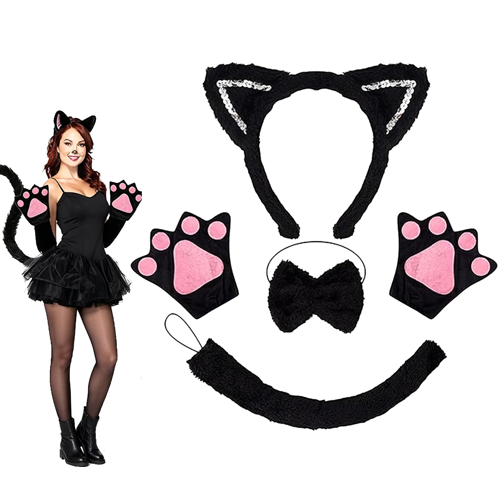 ToqoGeri 4Pcs Black Cat Costume Accessory Set, Cat Ears Headband With Tail Bow Tie Paw Gloves, Universal Feline Fancy Dress For Adult, Halloween Book Day Cosplay Outfit