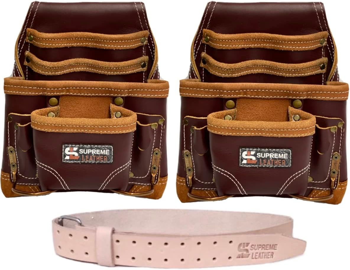 Supreme Leather Set of 10 Pocket Nail & Tool Pouch Top Grain Leather w/ 2” Leather Tool Belt for Constructors, Electricians, Plumbers, Handyman