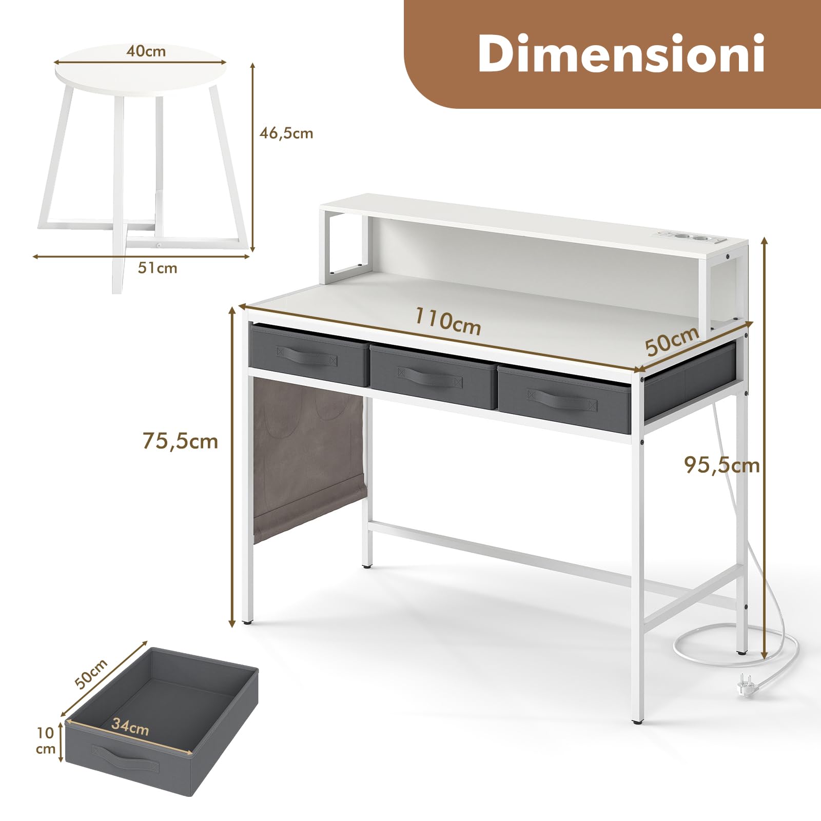 COSTWAY Scrivania per Computer con Supporto Monitor, Set Scrivania Salvaspazio con Sgabello, 3 Cassetti, Tasche Laterali, Stazione di Ricarica, Set Toeletta Trucco per Soggiorno Studio (Bianco)