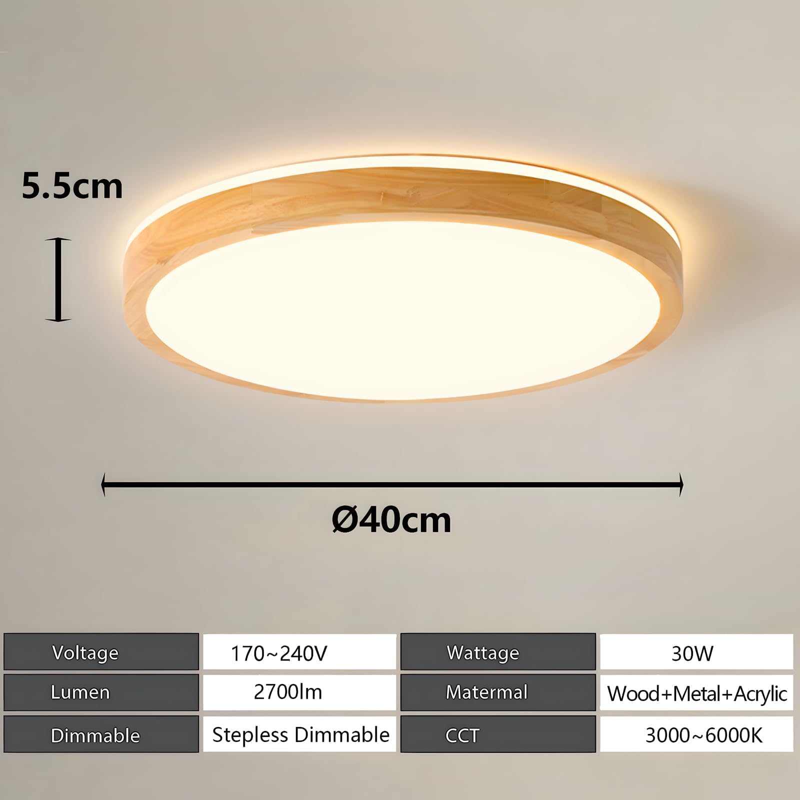 Lámpara techo LED madera, lámpara madera natural redonda con brillo superior de 360°| Regulable con mando distancia 2700K-6500K 30W | Salón Comedor Pasillo Hogar Oficina Habitación(Ø40cm)