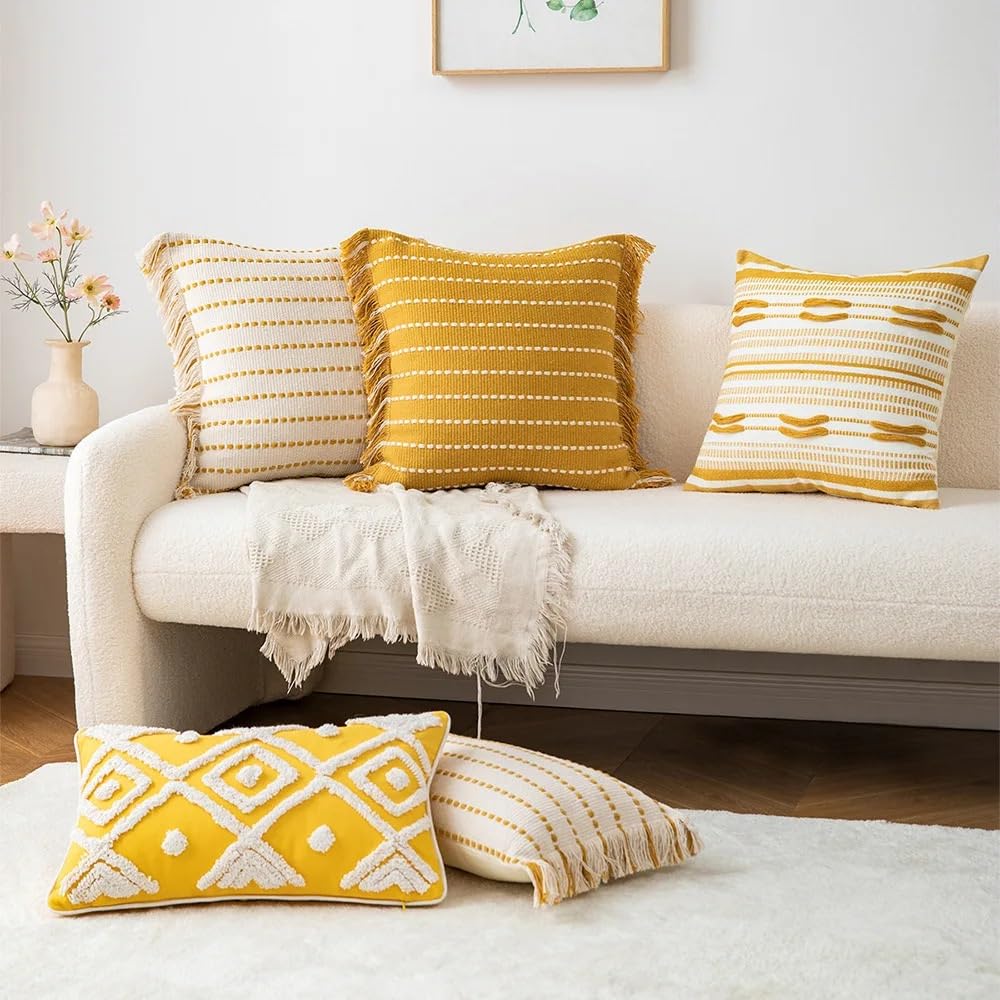 Skandynawski żółty pasek szydełkowy poszewka na poduszkę geometryczne pikowane frędzle poszewki na poduszki sofa dekoracja domu(E,45X45 Cushion cover)