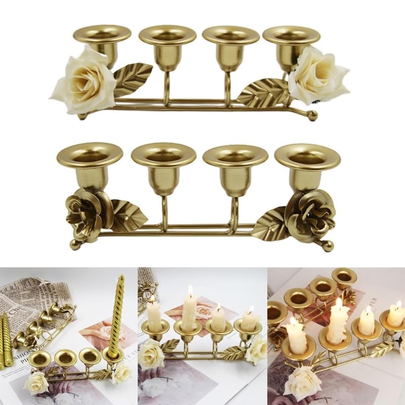 Candeliere in ferro battuto a 4 bracci, ornamenti per candelieri floreali per tavolo da pranzo nuziale, cena romantica, decorazioni per la casa (fiore in tessuto)