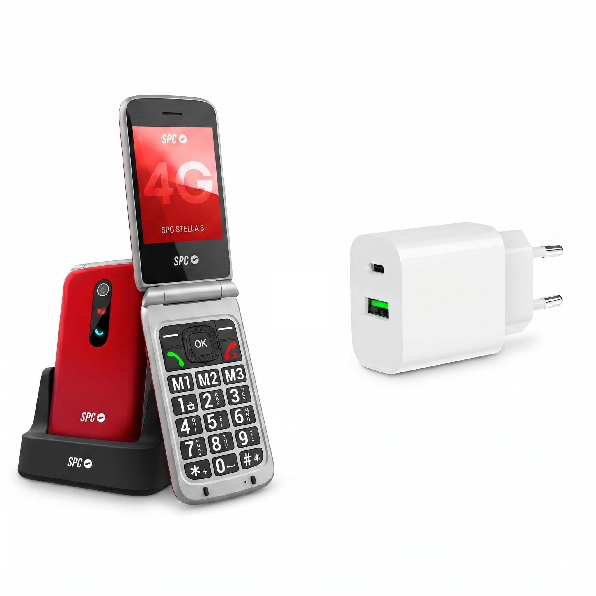 SPC Stella 3 + Cargador 20W | Teléfono móvil para Mayores con Tapa y 4G | Menú y Teclas Grandes | Botón SOS, configuración remota, Compatible audífonos y Volumen 103dB | Base Carga