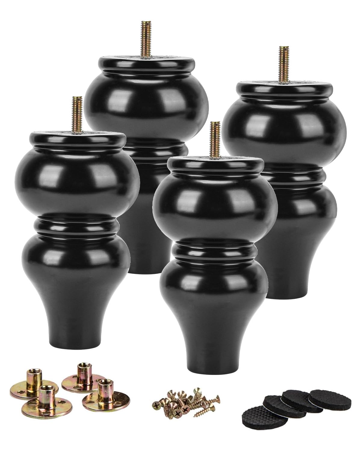 La Vane 15cm Massivholz Möbelfüße 4 Stück Klassisch DIY Kugelfüße Schwarz | Ø9 cm (statt üblich 6 cm) Höhere Tragkraft, inkl. M8 Montageplatten & Bodenschoner, für Sofa Tisch Schrank Ottomane Stuhl