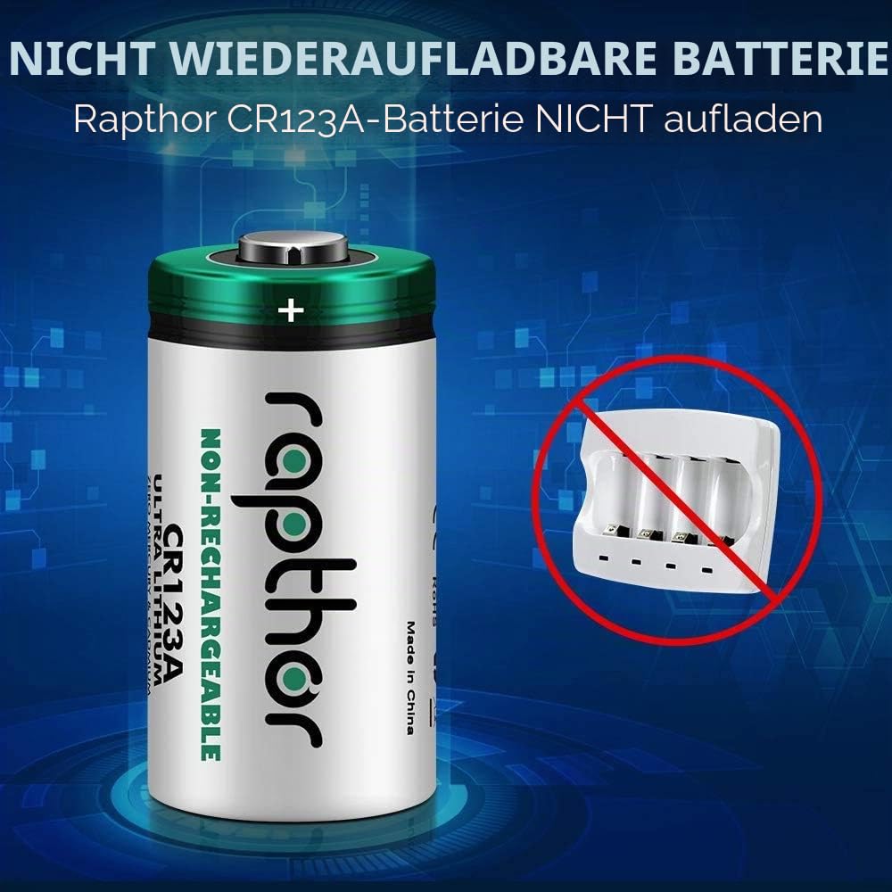 Rapthor 1650mAh CR123A 3V Lithium-Batterie CR123/123A/CR17345 Fotobatterien mit PTC-Schutz für Kamera Taschenlampen Alarmanlage Rauchmelder [20 Stück, Nicht wiederaufladbar]