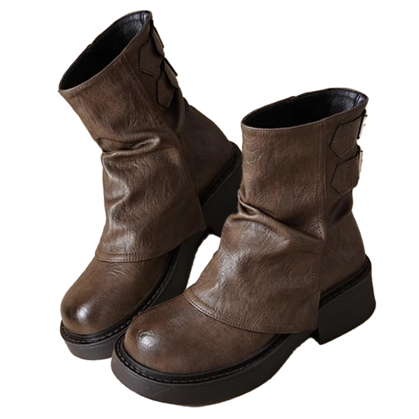 Womens Vintage Brown Ankle Boots with Stacked Heel Fold-Over Cuff Retro Buckle Accent Booties for Streetwear Outfits