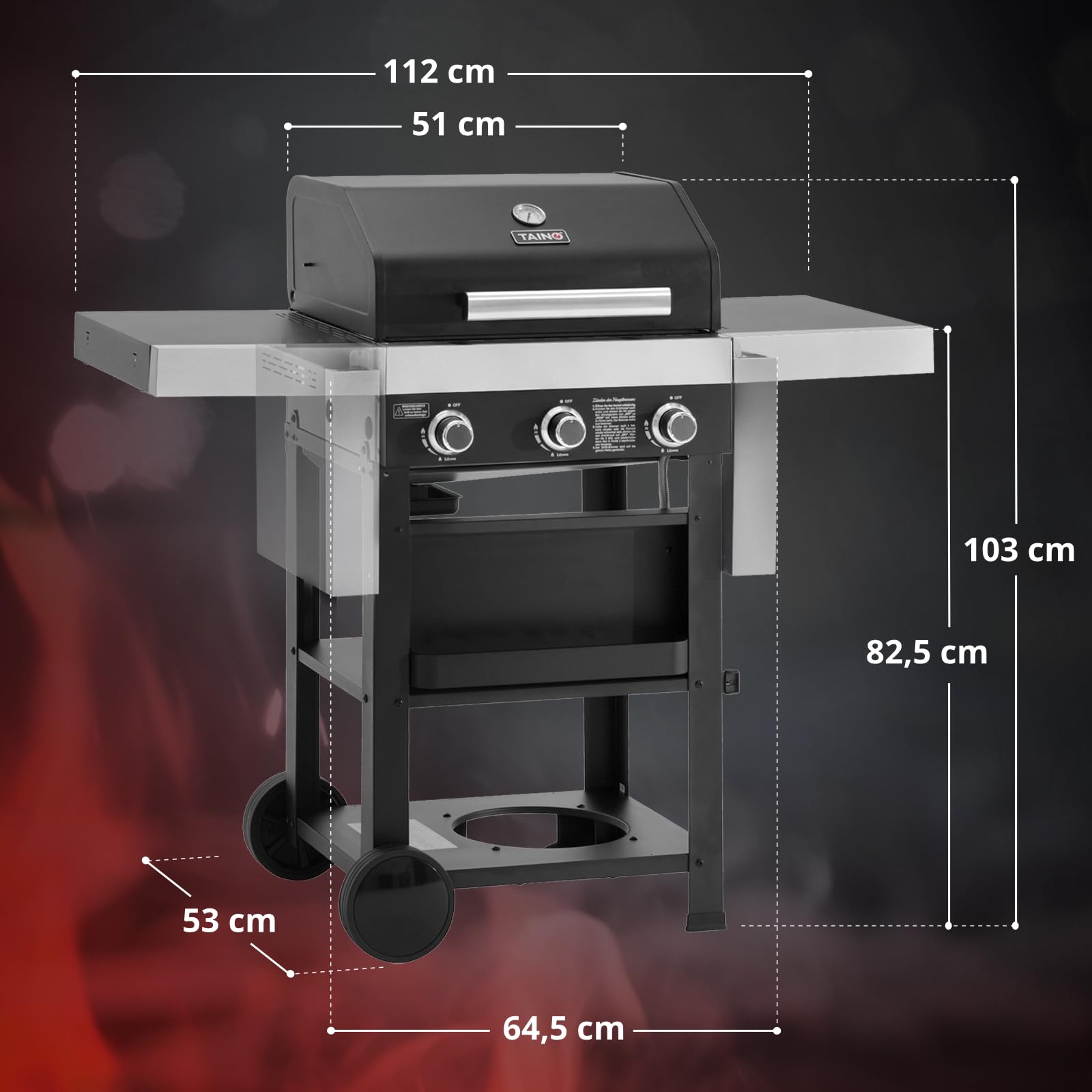 TAINO WABAYA 3+0 Gasgrill Grillwagen 3 Brenner Keramik Sear-Burner Piezo-Zündung Thermometer Warmhalterost Schwarz Matt