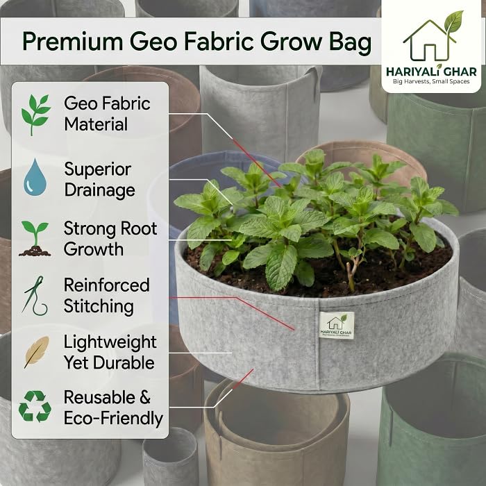 Image of 400 GSM Geo Fabric Round Grow Bags 18x6 Inch, Grey Planting Bags for Terrace and Kitchen Gardening Pack of 1