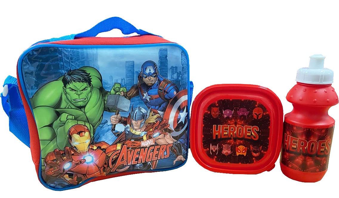 QDS Marvel Avengers Kids Insulated 3 Piece Lunch Bag School Sandwich Box & Bottle Set, Blue