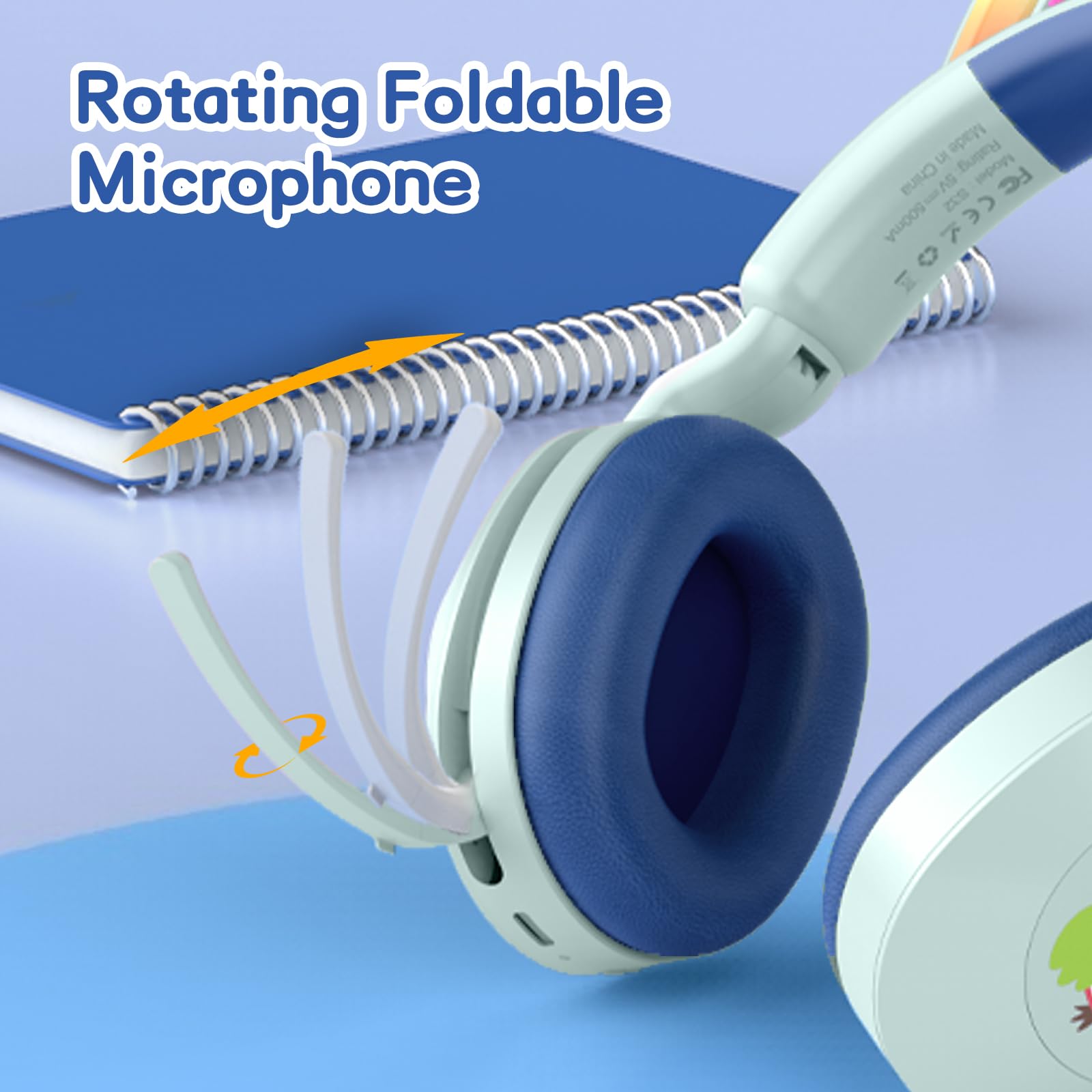 Casque Bluetooth pour Enfants, Casque Circum-aural sans Fil avec Micro, 50 h d'autonomie, lumières LED colorées, câble AUX, Volume limité à 94 DB, Design Pliable, idéal pour Les Voyages