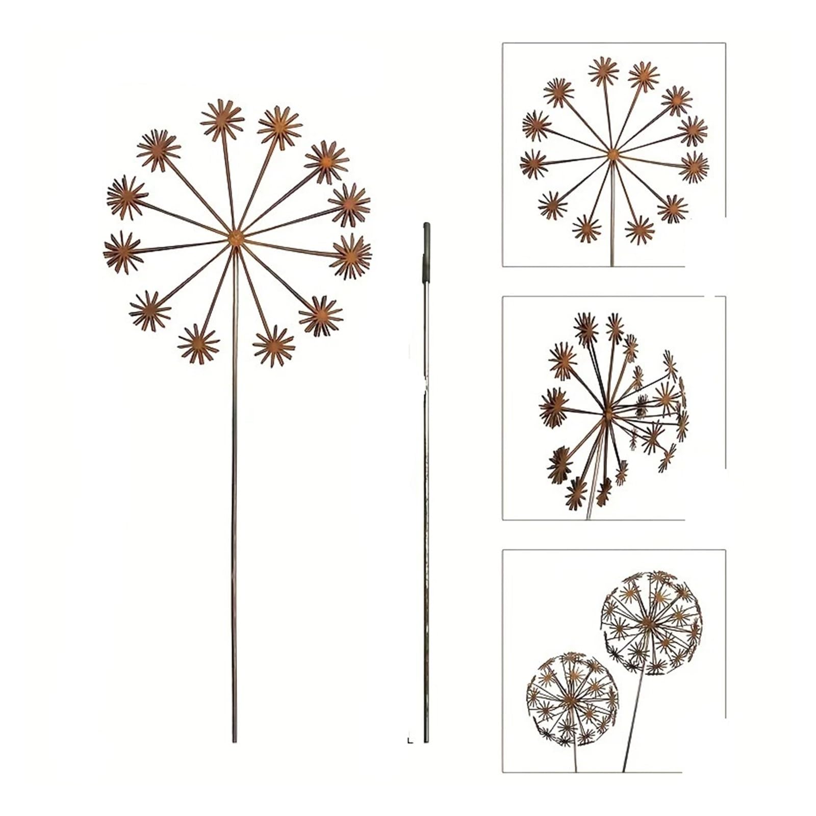 YONMLEDO Metal Flower Stakes 2set Vintage Dandelion Garden Sculptures, 3D Sphere Flower Stakes For Gardening,Rustic Plant Art With Manual Petal Opening(Style A 2set)