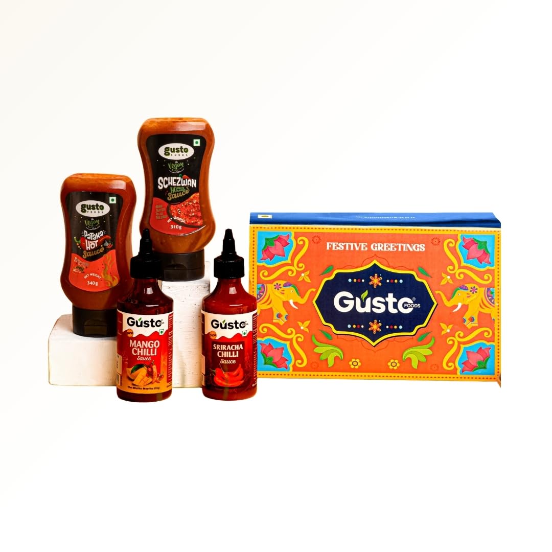 Gusto Foods Flavour Festive Box | Schezwan | Pataka Hot Sauce | Mango Chilli | Sriracha | Loaded with Gourmet sauces & condiments | Spicy & Tangy | No chopping, grinding | No extra prep needed