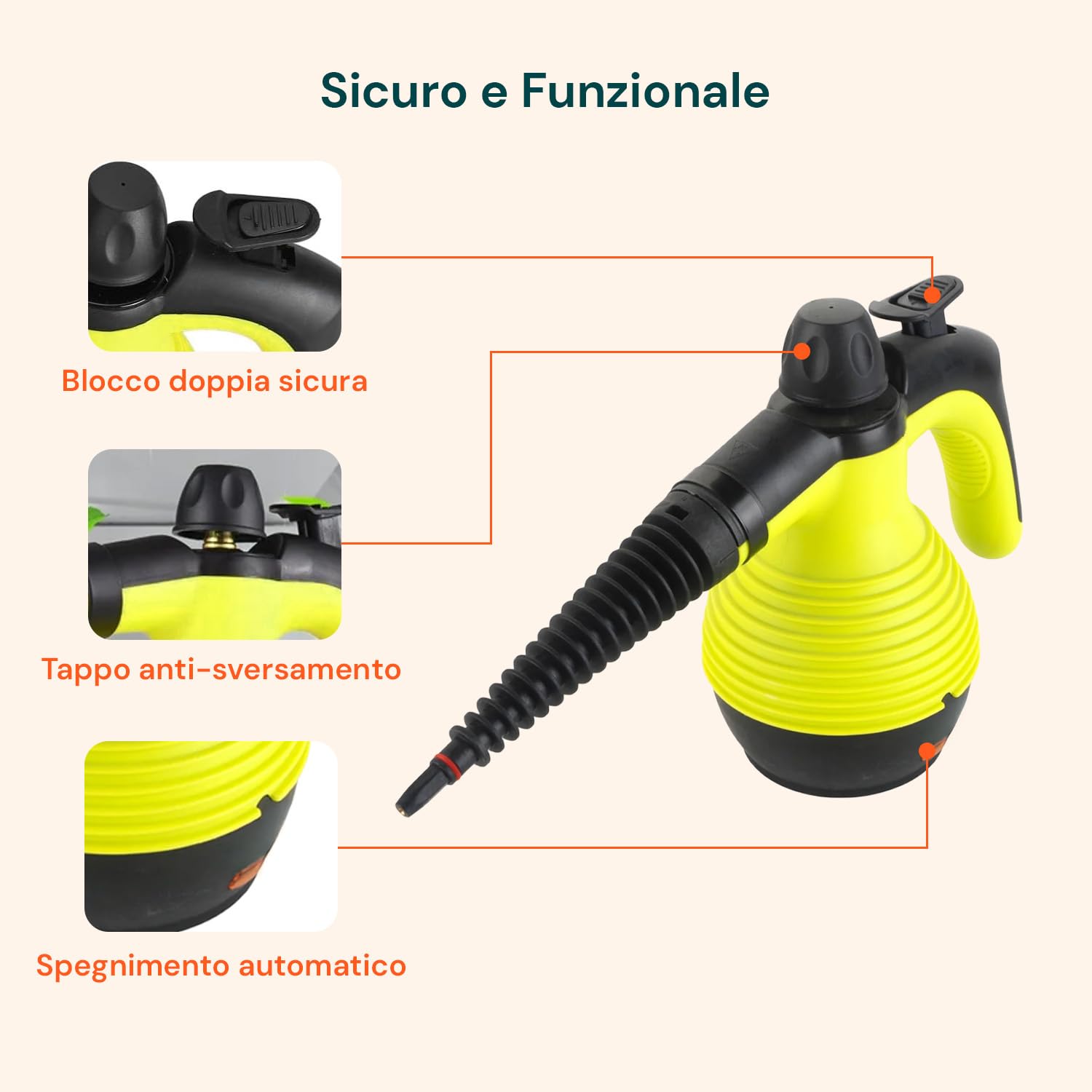 Pulitore A Vapore Portatile Avilia 1050W | 7 Accessori, Serbatoio 350 Ml, Vapore A 100°C Per Igienizzare Senza Chimici
