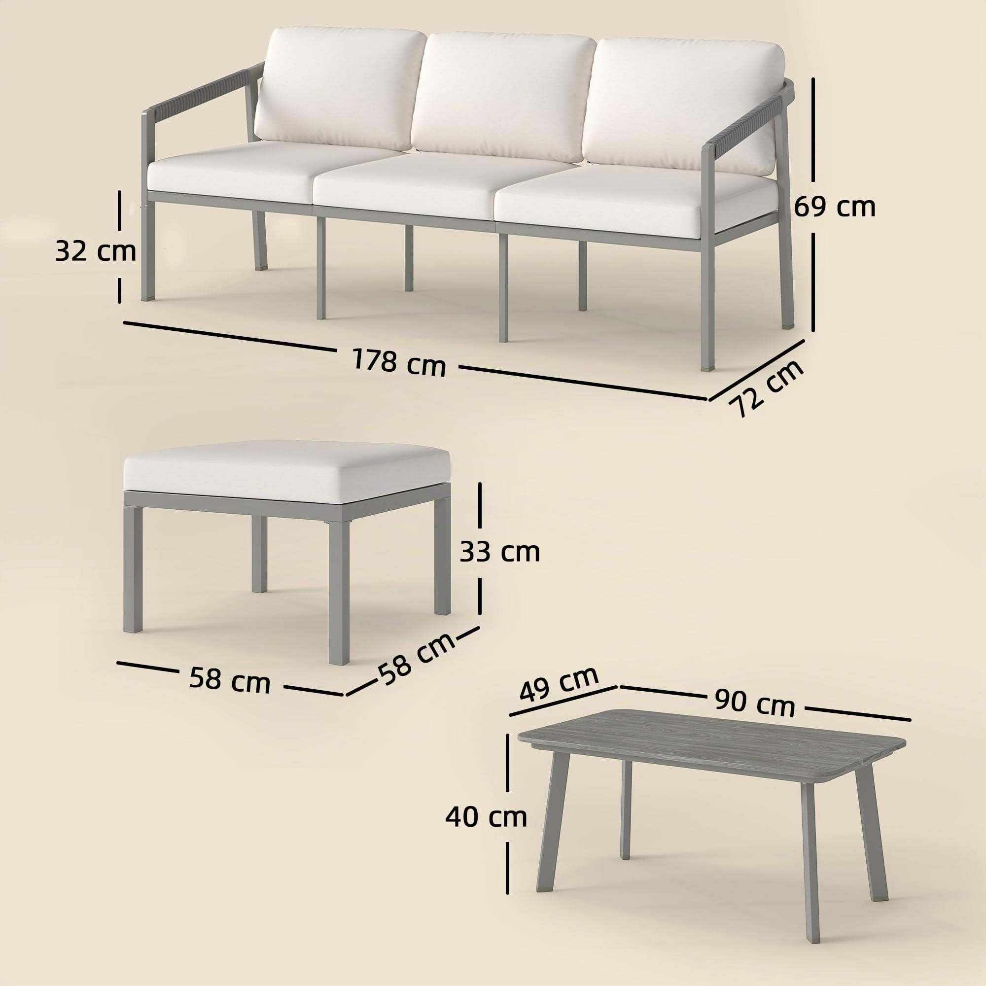Outsunny Conjunto de Muebles Jardín Exterior Sofá Exterior Marrón Beige | 3 Piezas, Seccional Forma de L, Sofá de 3 Plazas, Reposapiés, Mesa Centro de Listones, Cojines de 10 cm, Terraza Patio