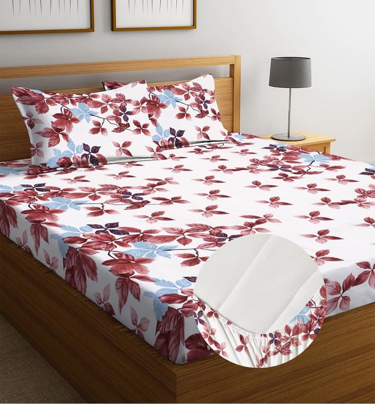 Image of la'amour Cotton Elastic Fitted Bedsheets with 2 King Size Pillow Covers Double Bed with All Around Elastic Supersoft Size - 72 King Sizex78+10 inches Color - Pink White