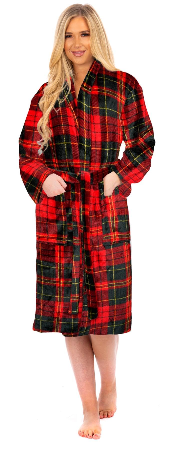 Adore Home Women's Check Red Flannel Fleece Bathrobe Soft & Warm Dressing Gown Bath Robe, Xxl-3Xl