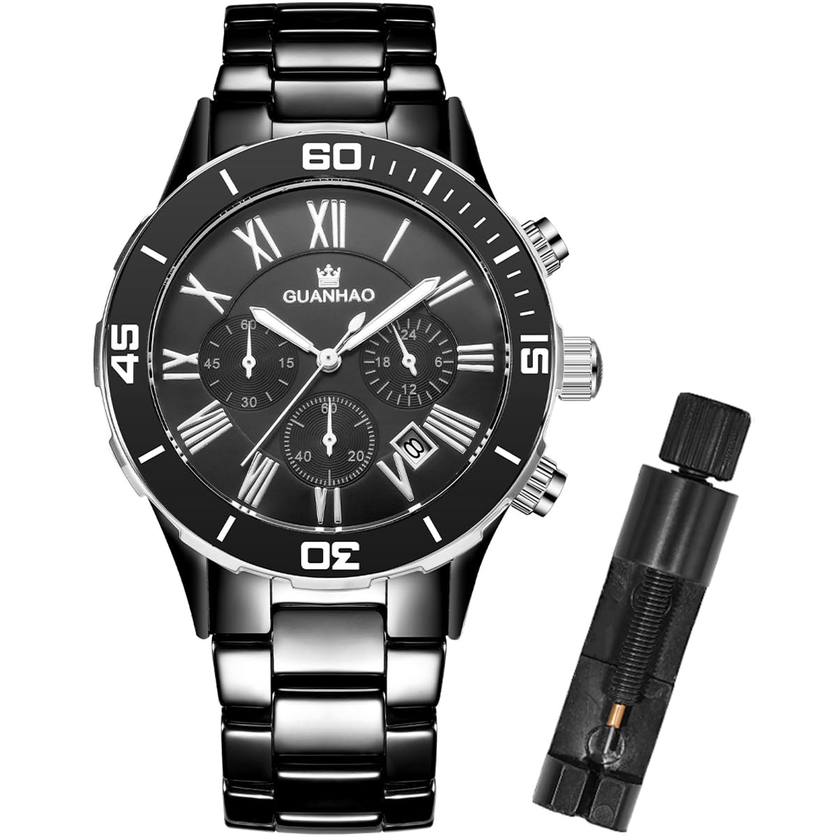 Ceramic Men Watches, Black White Dial, Dress Quartz Calendar Wristwatches for Men, Ceramic Band Watches for Men
