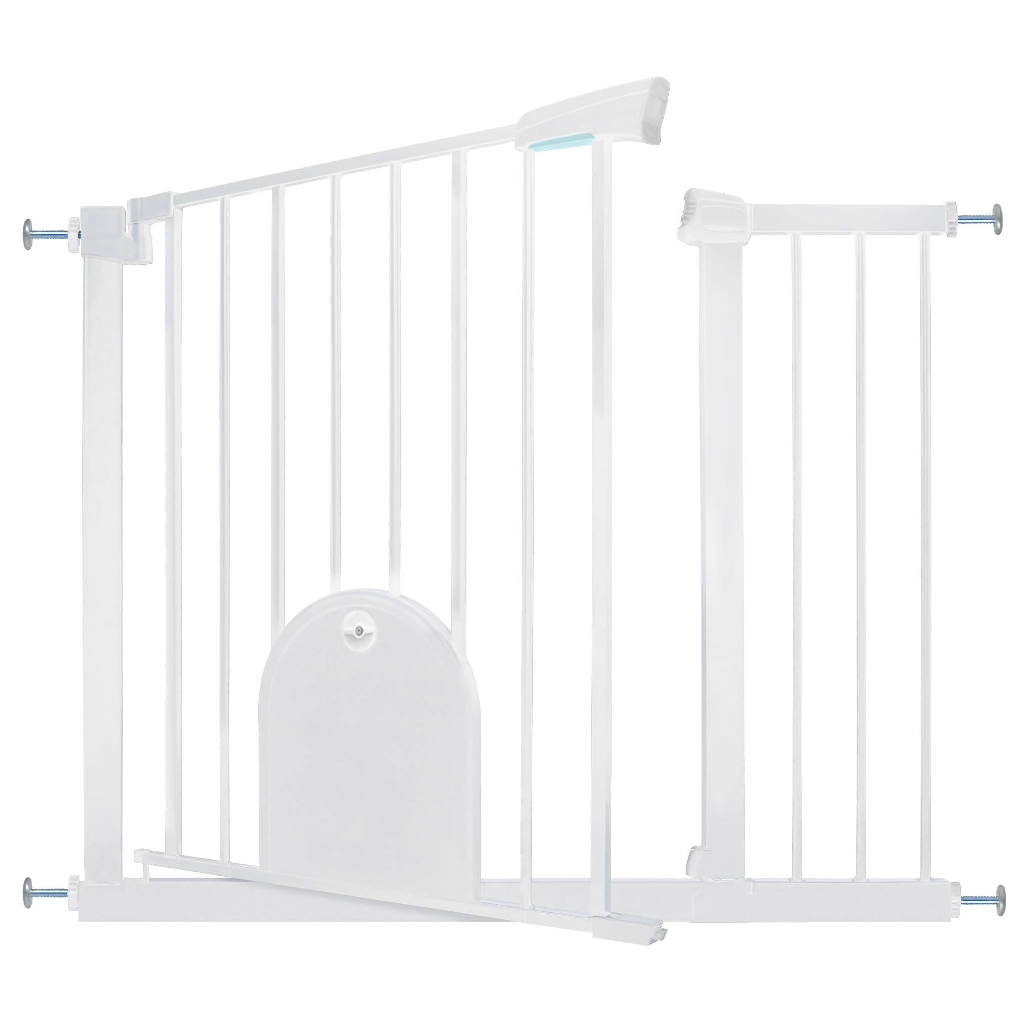 HENGMEI Rejilla protectora para escaleras, sin agujeros, 95-105 cm, cierre automático, puerta de metal para seguridad infantil, color blanco (con puerta para mascotas)