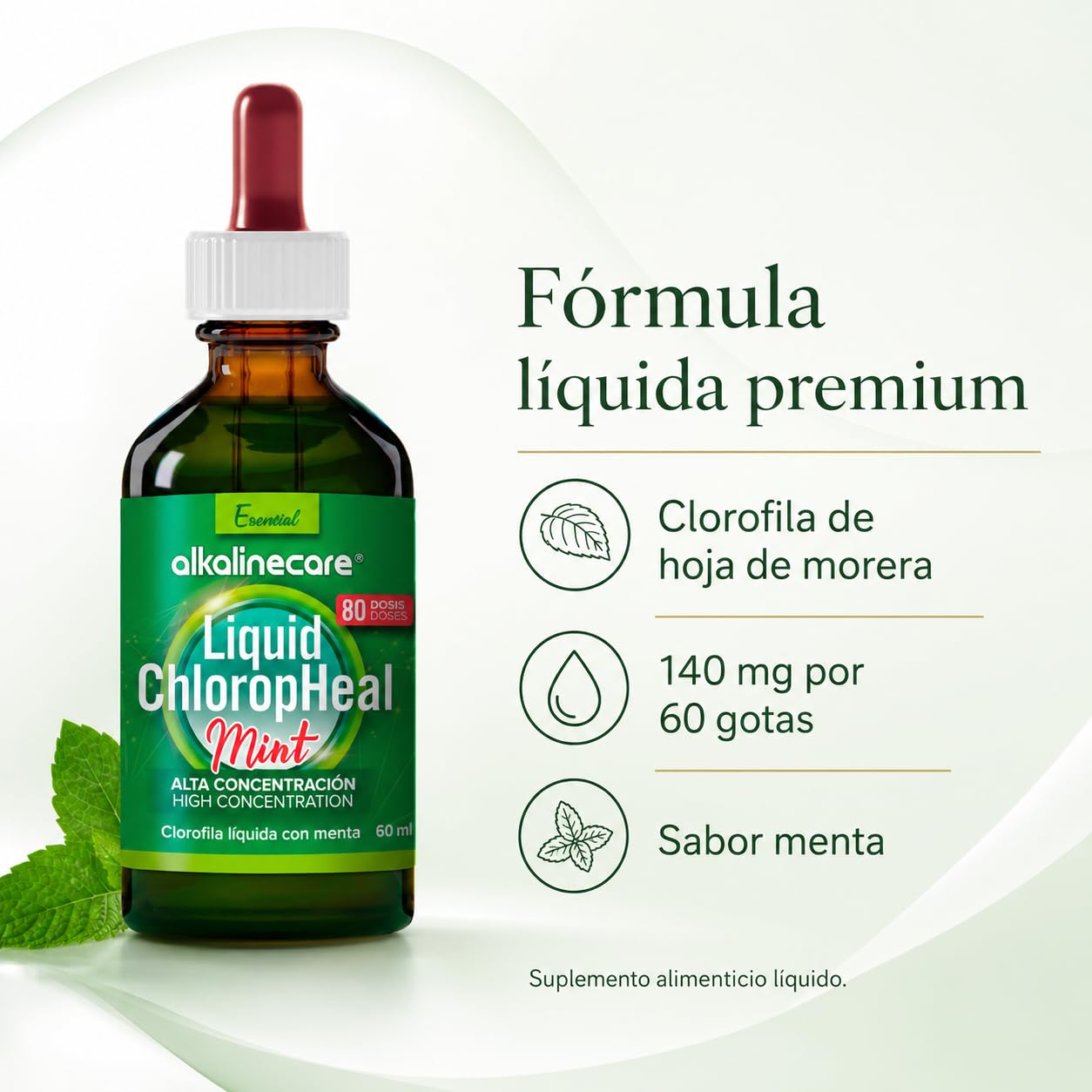 CLOROFILLA LIQUIDA CON GUSTO A MENTA 60 ml:: ALKALINE CARE