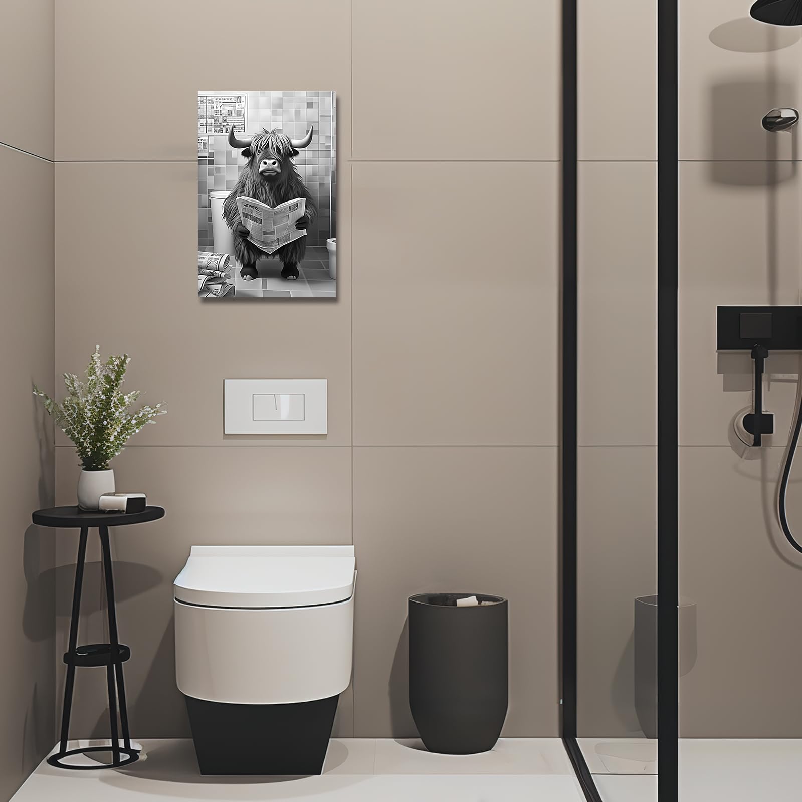 LZIMU Funny Bathroom Wall Decor Highland Cow Sitting on Toilet Reading Newspaper Canvas Prints Black and White Animals Posters Framed (Bathroom-1 - Image 2