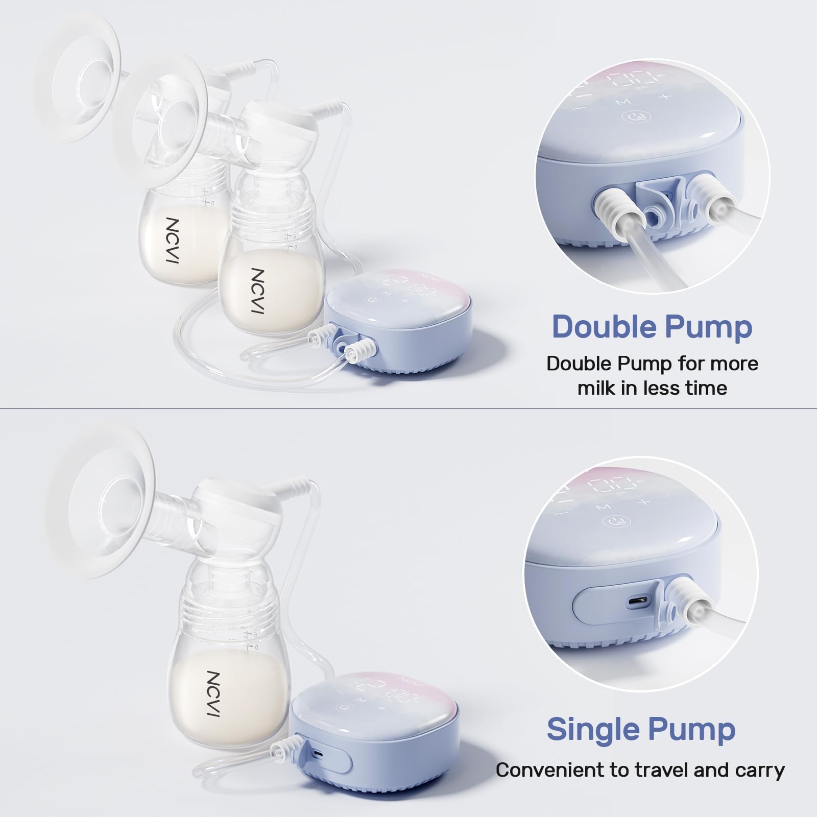 NCVI Extractor de leche eléctrico doble 8122, extractor de leche portátil con 4 modos, 9 niveles, succión de grado hospitalario de 280 mmHg con bridas de 17/19/21/24 mm para el hogar, la oficina y los