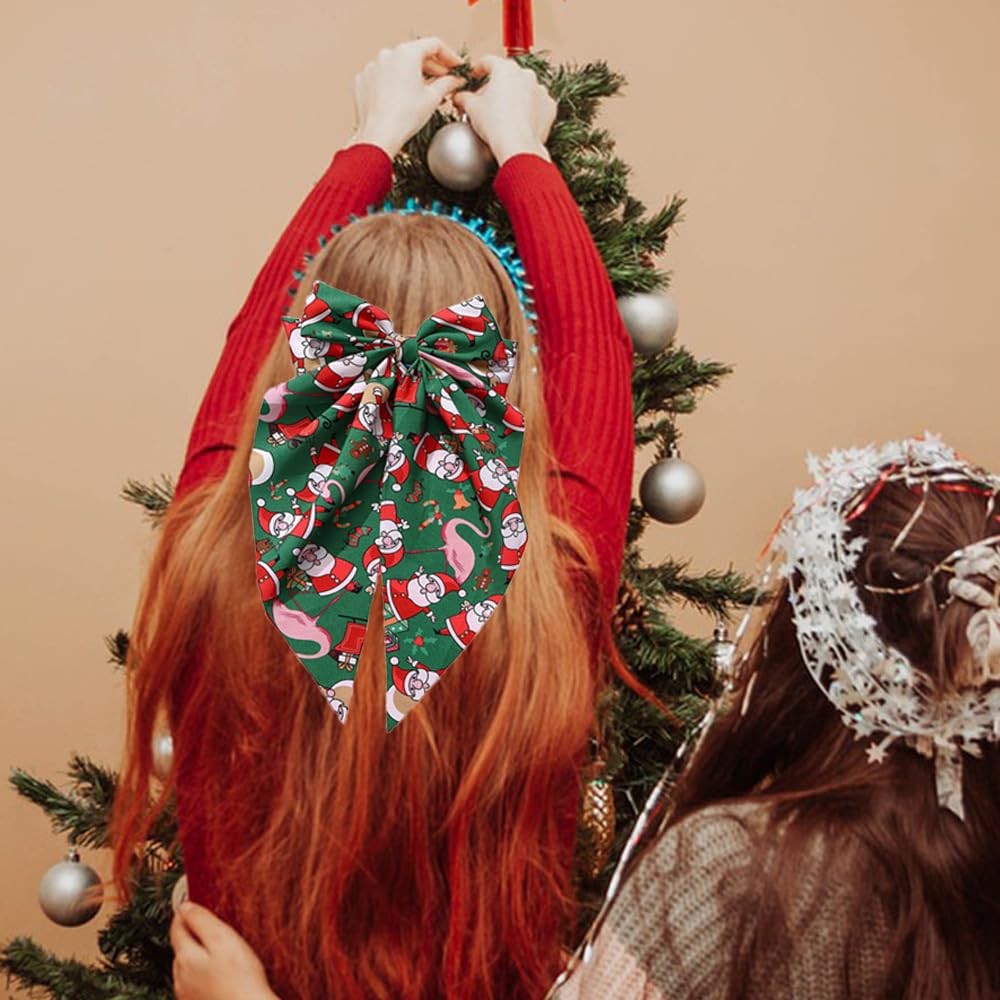 Christmas Hair Bow Clips Green Big Silky Stain Bow Clips with Alligator Clips Christmas Hair Accessories Red Santa Claus Design Bowknot Long Tail Hair Clips for Women Xmas Party Hair Decoration 1PCS image 3