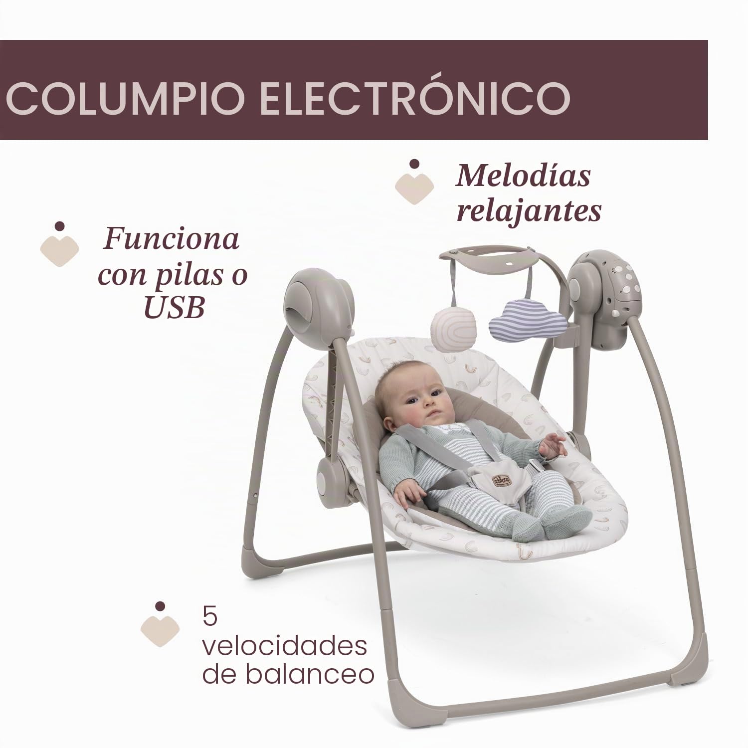 Chicco Swing&Play Columpio Eléctrico para Recién Nacidos 0 Meses+, 5 Velocidades de Balanceo, Melodías Relajantes, Plegable, Compacto y Ahorra Espacio, Respaldo con 2 Posiciones, 0 Meses