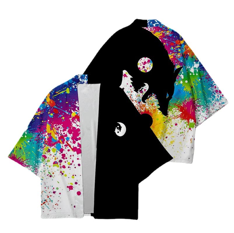 Fashion Japanese Robe Cardigan for Men Women Harajuku Kimonos Yinyang Wolf Splash Ink Yukata Seven Sleeve Shirt (White,3XL,Mens,US,Alpha,Adult,Unisex,3X-Large,Regular,Regular)