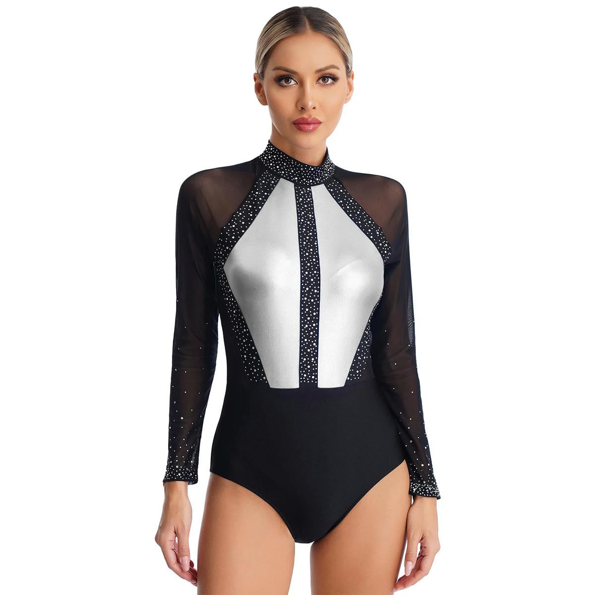 Damen Gymnastikanzug Mesh Langarm Ballett Bodysuit Performance Kostüm Eiskunstlauf, dunkelgrau, M
