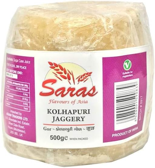 Saras Jaggery 500g โ 100% Pure & Natural, Unrefined Traditional Sweetener, Ideal for Cooking, Baking, and Beverages, Chemical-Free, Gluten-Free