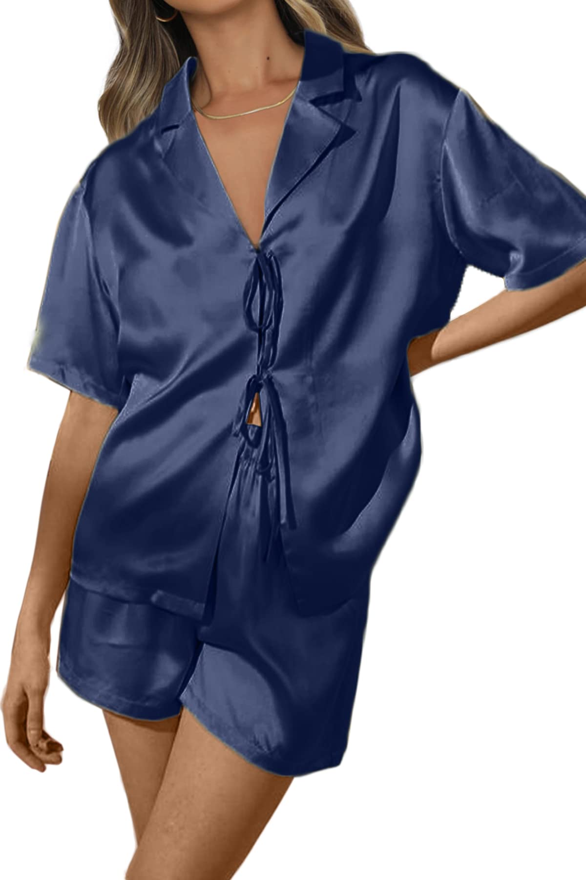 CHYRII Women's Silk Satin Pajamas Sets Tie Front Short Sleeve Tops and Shorts Two Piece Pj Sets Sleepwear