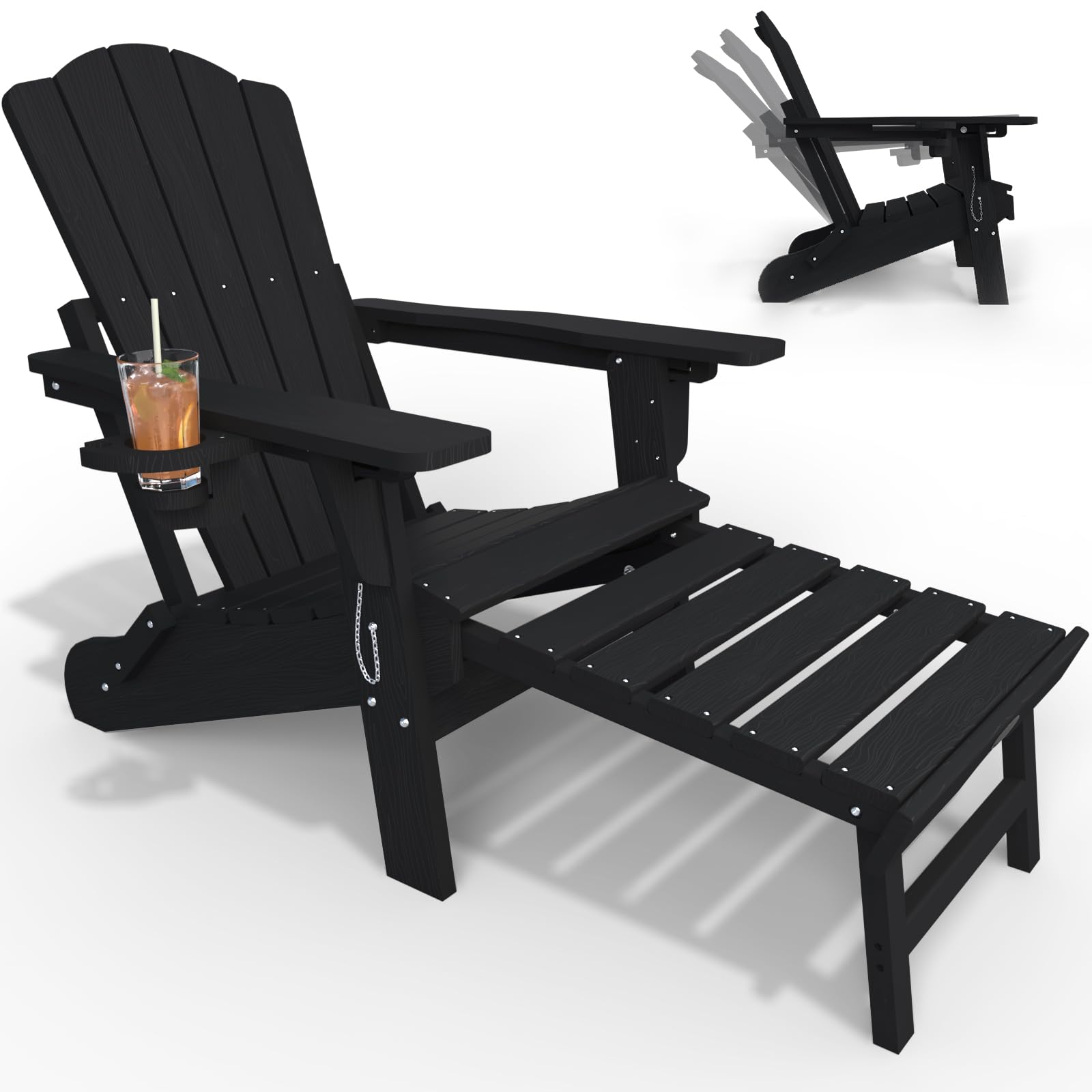 thoeoe folding adjustable adirondack chairs with ottoman & 1 cup holders, hdep multifunctional adirondack chair with footrest,black