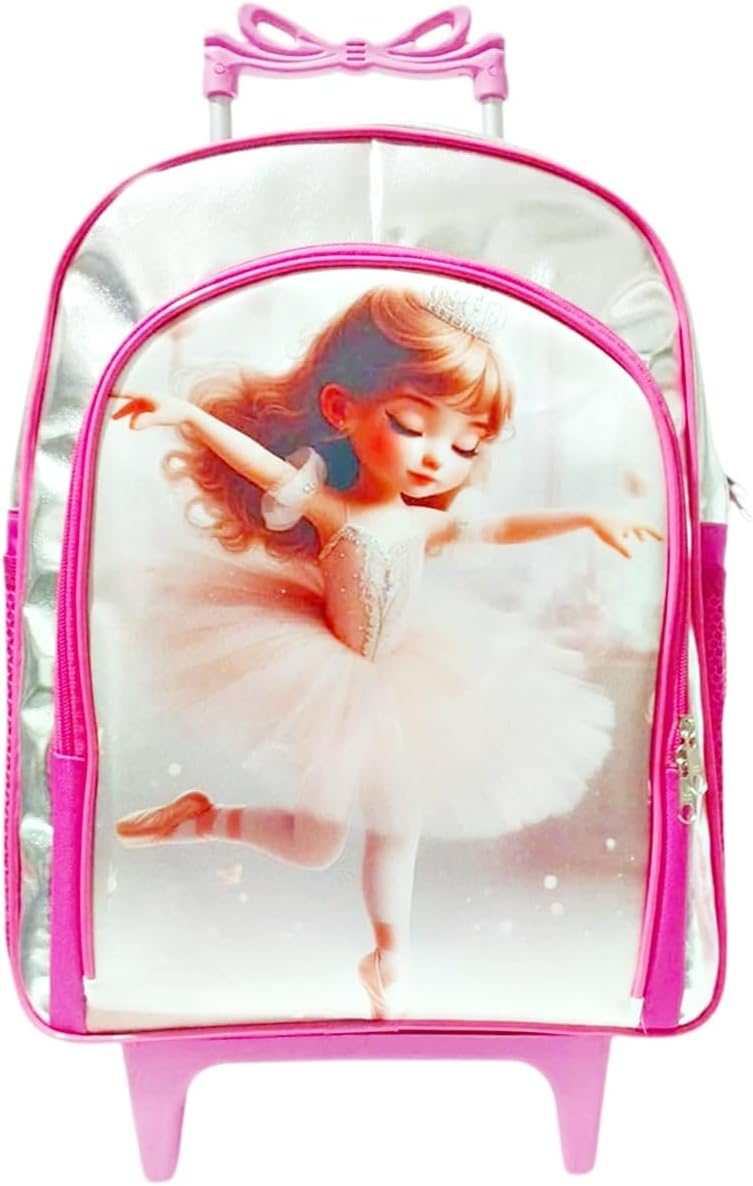 Mochila Infantil com Rodinhas, Design de Bailarina, 2 Compartimentos, Rosa