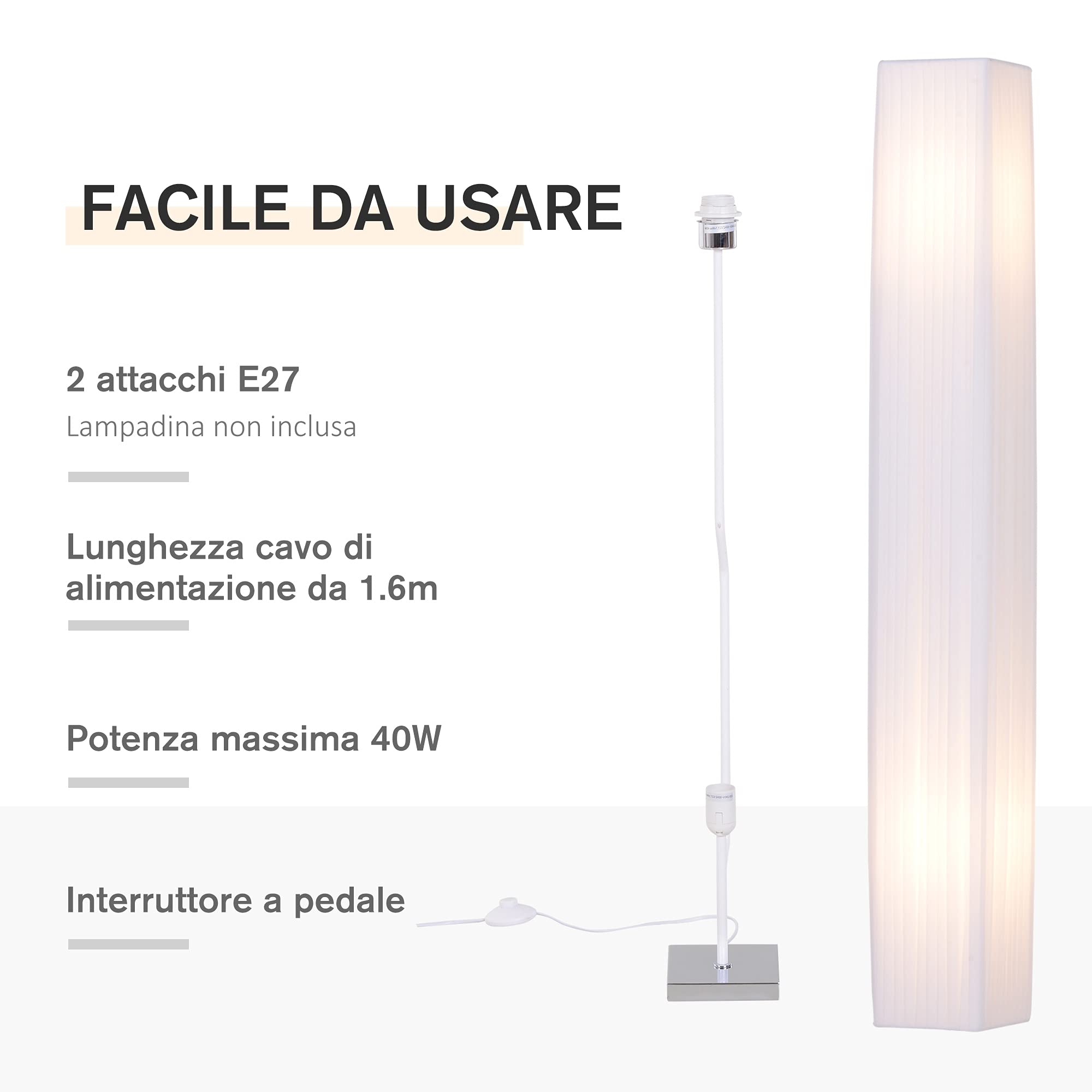 HOMCOM Lampada da Terra Lampada Piantana da Terra Design Moderna Salotto Tessuto 14×14×120cm Bianco