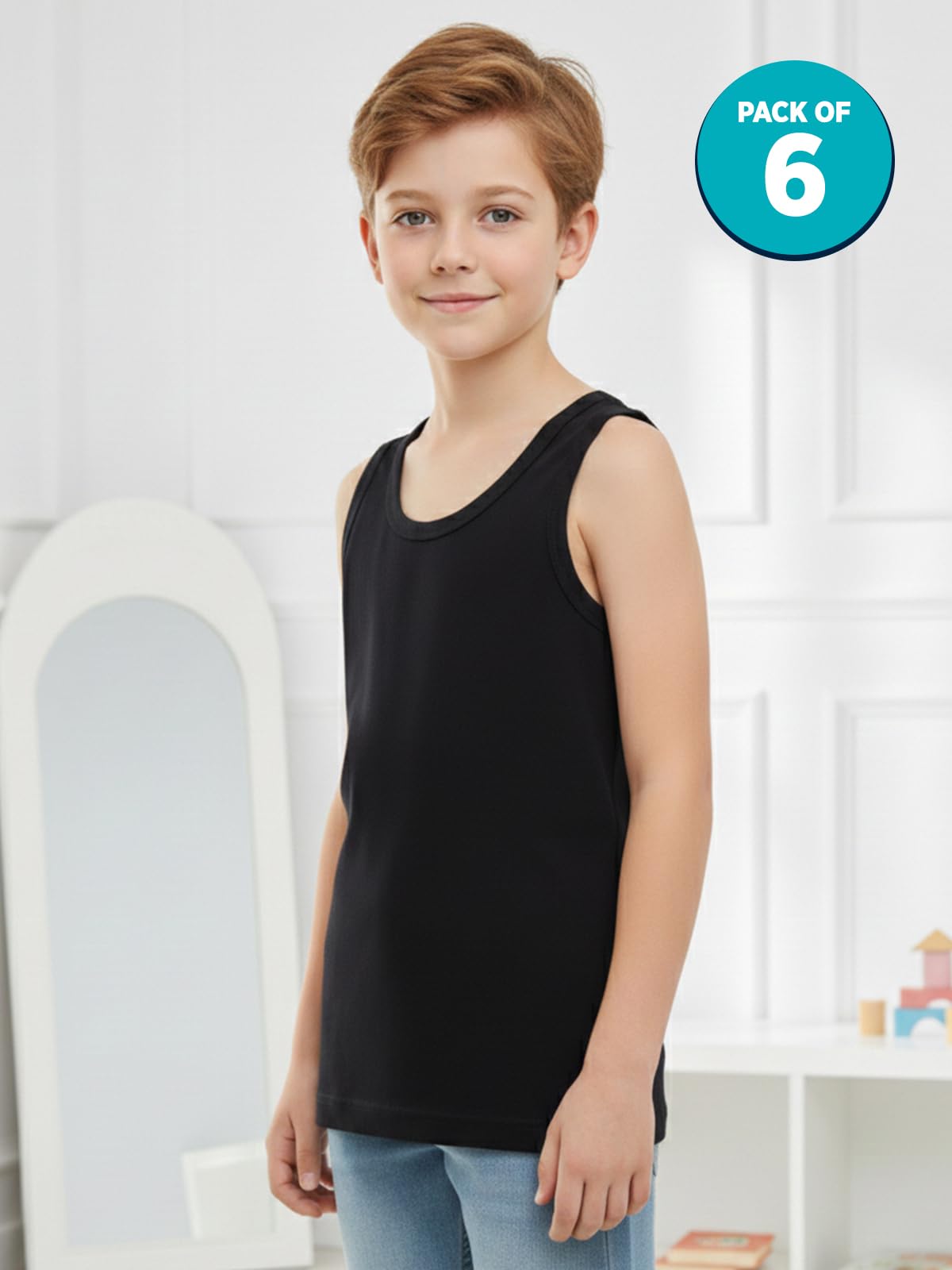 Lux Cozi Boy's Pack of 6 Muticolor Super Combed Cotton Round Neck Sleeveless Color Vest (Size : 45cm) Multicolour 4