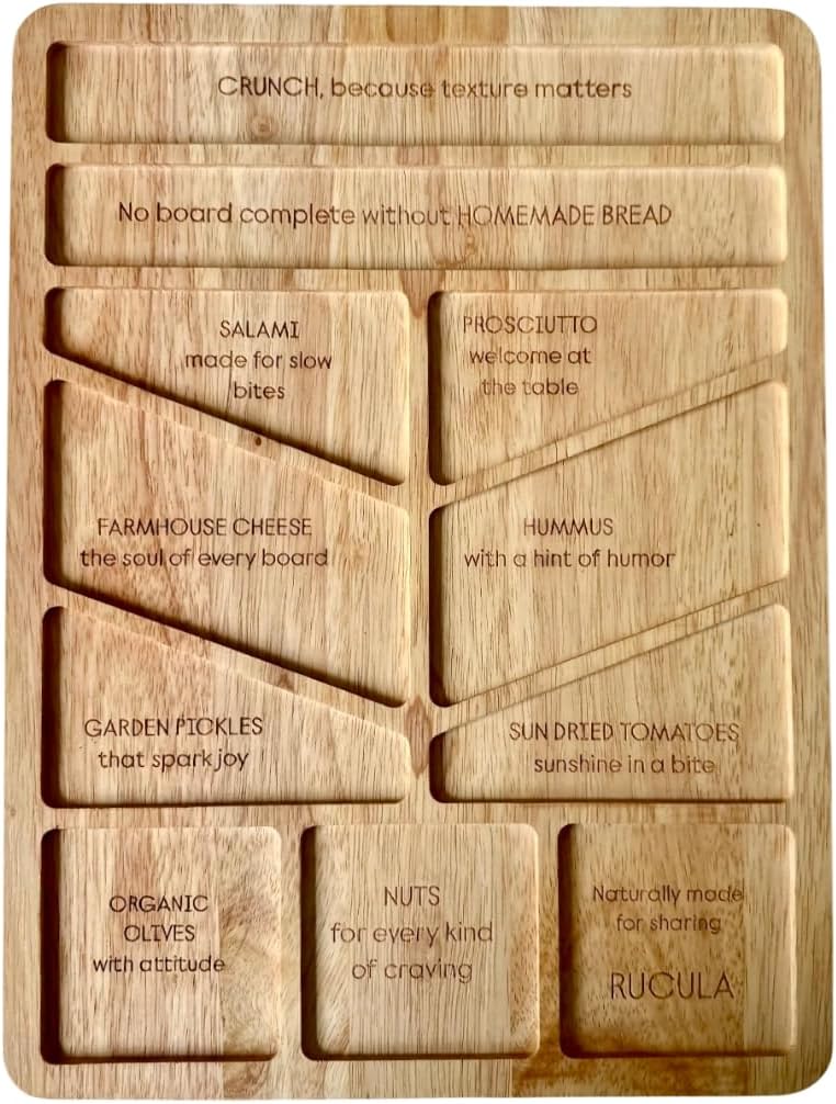 Reversible Wooden Charcuterie Board with Engraved Labels by RUCULA, Large 2 in 1 Cheese Board with Smooth Cutting Side, Serving Snacks Tray; Natural Gift-Ready Box; Kitchen Housewarming Gift 17x12