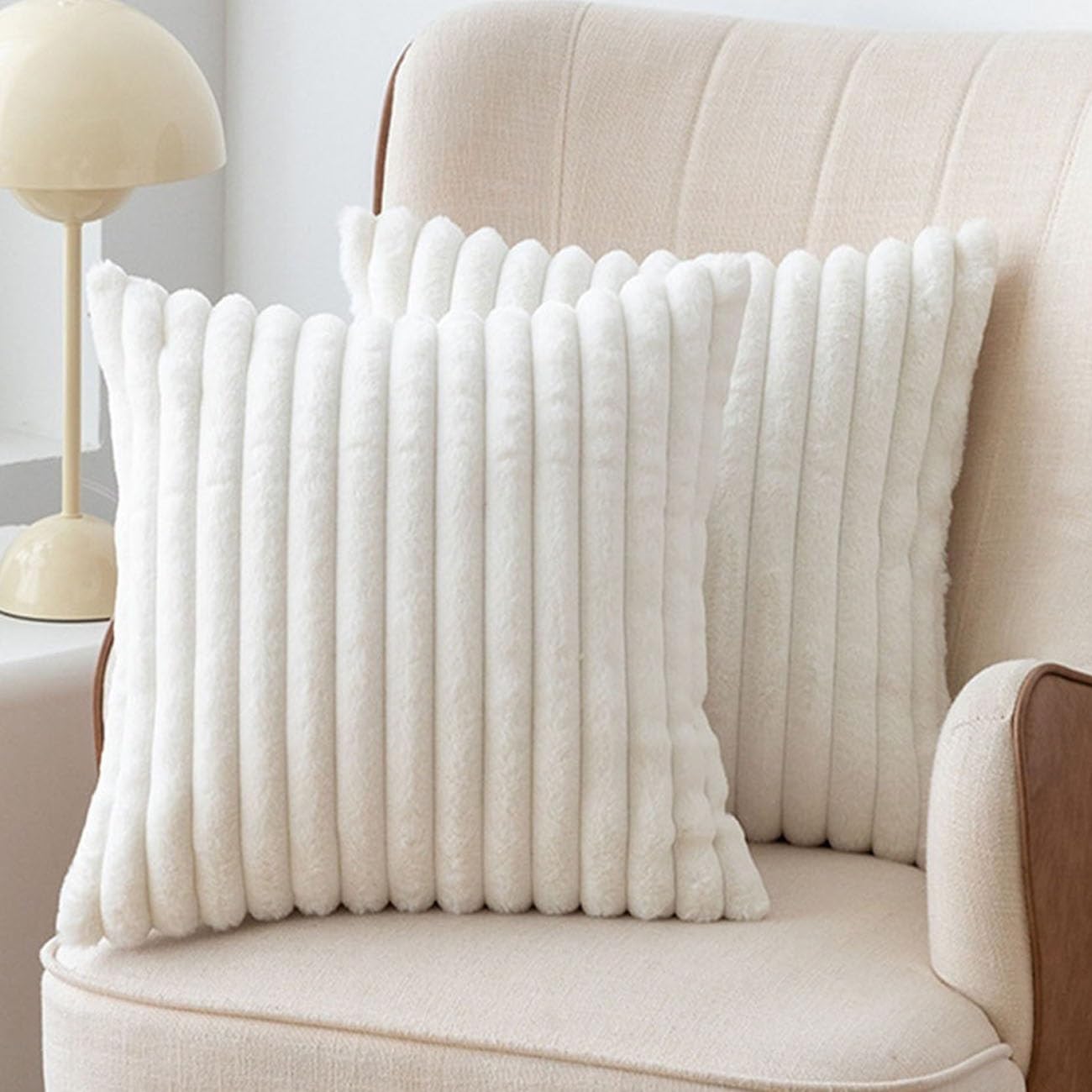 SWJ-swjssb Set Of 2 Faux Fur Plush Throw Pillow Covers 18x18, Fluffy Striped Pillowcase Square Cushion Covers 18 X 18 20x20 Inches For Sofa Couch Bed Pillow Case(Cream White,50x50 cm Set of 2)