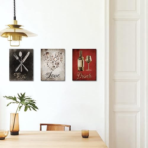 Miniatura 3 de iKNOW FOTO Juego de arte de pared en lienzo de 3 piezas con texto en inglés "Eat, Drink, Love", impresiones inspiradoras con citas para cocina,
