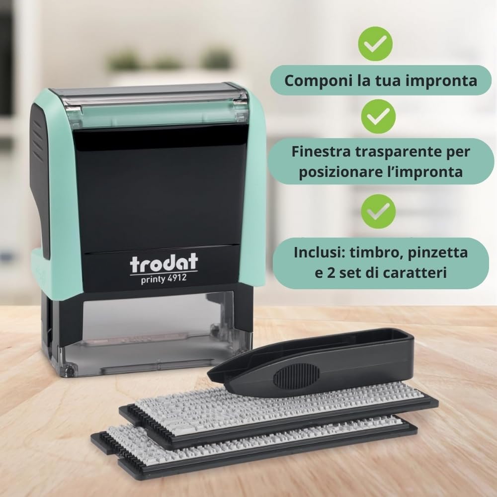 Trodat Timbro Verde Pastello Autoinchiostrante Autocomponibile Fai-Da-Te Printy 4912 Typo, 47x18 mm, Max 4 Righe, Inclusa Cartuccia Inchiostro Nero, con Pinzetta e 2 Set di Caratteri, Icone e Numeri