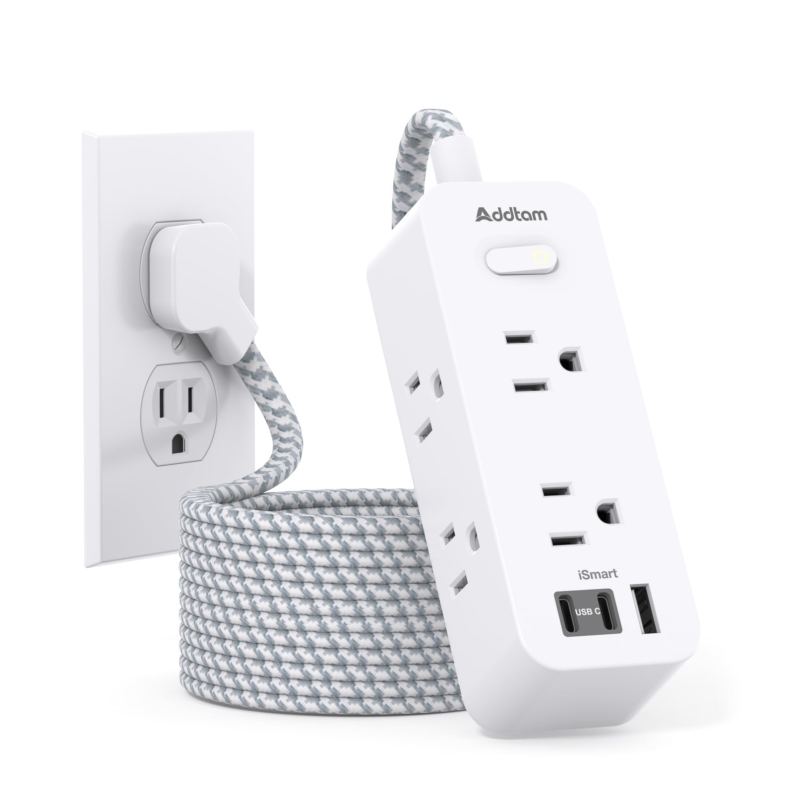 Power Bar 10FT, Flat Plug Extension Cord Indoor with 6 Outlets and 3 USB Ports(2 USB C), Power Bars with Surge Protector 900J, Power Strip for Dorm Room, Home, Office, Travel Essentials