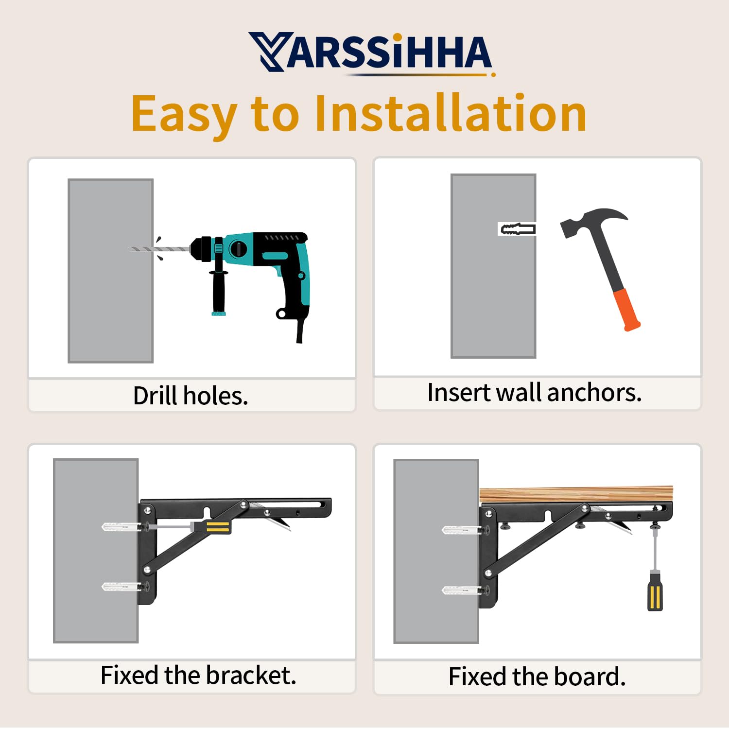 Yarssihha Soporte de estante plegable de 8 pulgadas, paquete de 2 soportes de estantería triangulares plegables de metal, bisagra de mesa plegable resistente montada en la pared, ahorro de espacio