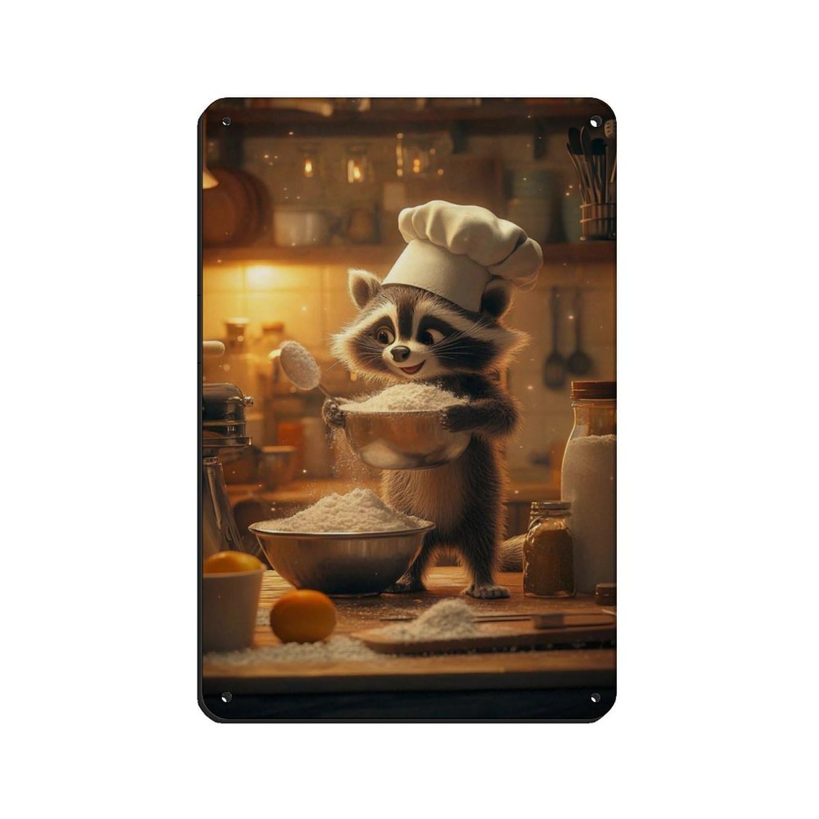 Adorable Racoon Baking Poster Retro Poster Metal Tin Sign Chic Art Retro Iron Painting Bar People Cave Cafe Family Garage Poster Wall Decoration 8x12inch(20x30cm)