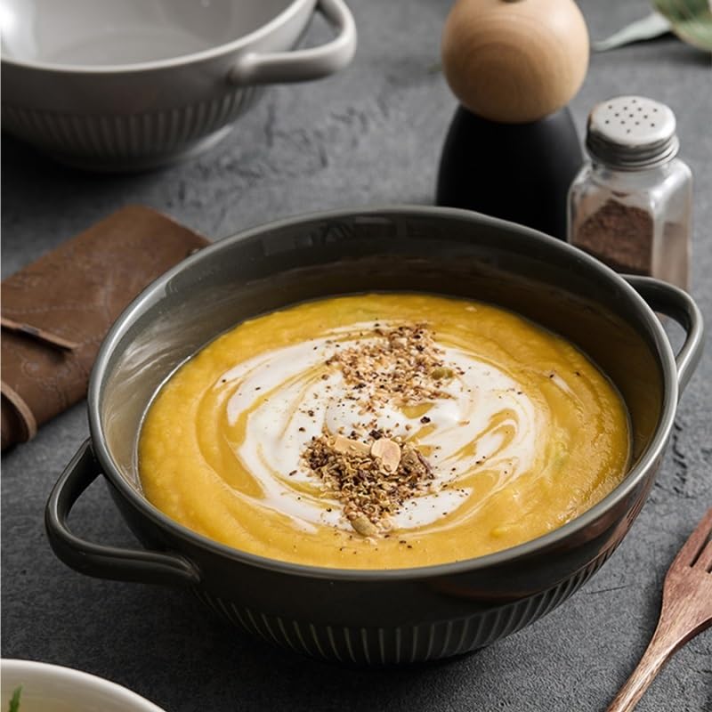 Tazón de sopa de cerámica Retro tazón de sopa de cerámica hogar doble mango tazón de fruta tazón para pasta ensaladera Platos de cena(A)