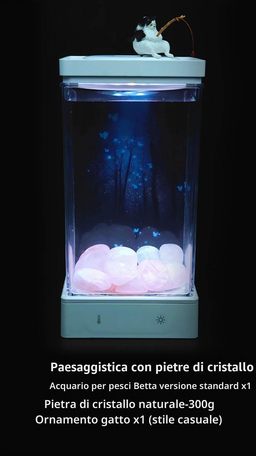 Acquario Betta - Mini Acquario Scrivania 1,4L con Scarico Inferiore, Controllo Temperatura Intelligente USB, Luci LED Regolabili - Fish tank with crystal