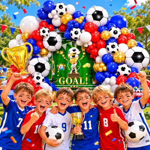 Image of Soccer Party Decorations 161Pcs, Soccer Balloon Garland Arch Kit with Backdrop Banner 18'' Football Foil Balloons, Blue Red Gold White Balloons for Boys Sports Fan Birthday Soccer Party Decor
