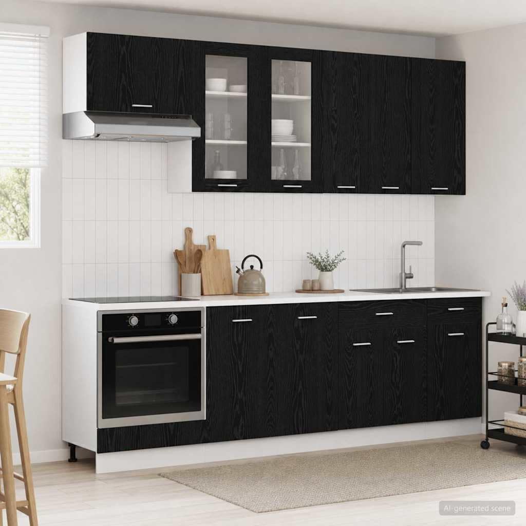 Küchenzeile Lyon 8-teiliges Küchenschrank Set, Moderne Einbauküche aus Holzwerkstoff, Küchenblock mit Hängeschränken und Unterschränken, Schwarze Eiche
