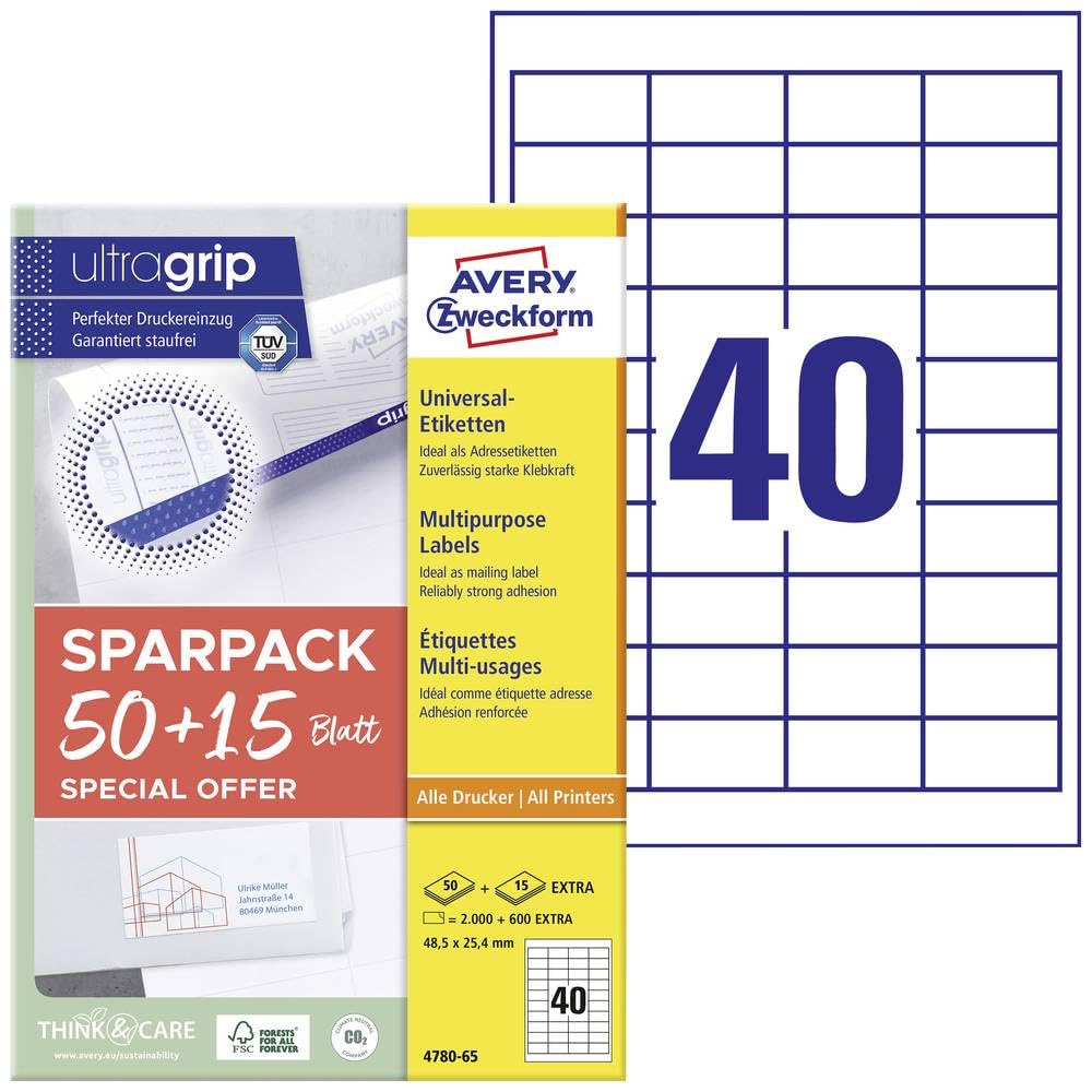 AVERY Zweckform 4780-65 Universal Labels (2,000 Plus 600 Extra Adhesive Labels, 48.5 x 25.4 mm on A4, Matte Paper, Individually Printable, Self-Adhesive Stickers with Ultragrip) 65 Sheets, White